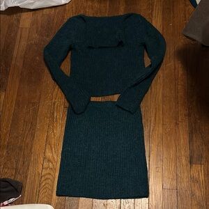 Happily Grey Teal Green Knit Sweater Skirt  & Polo Neck Set Sz L
